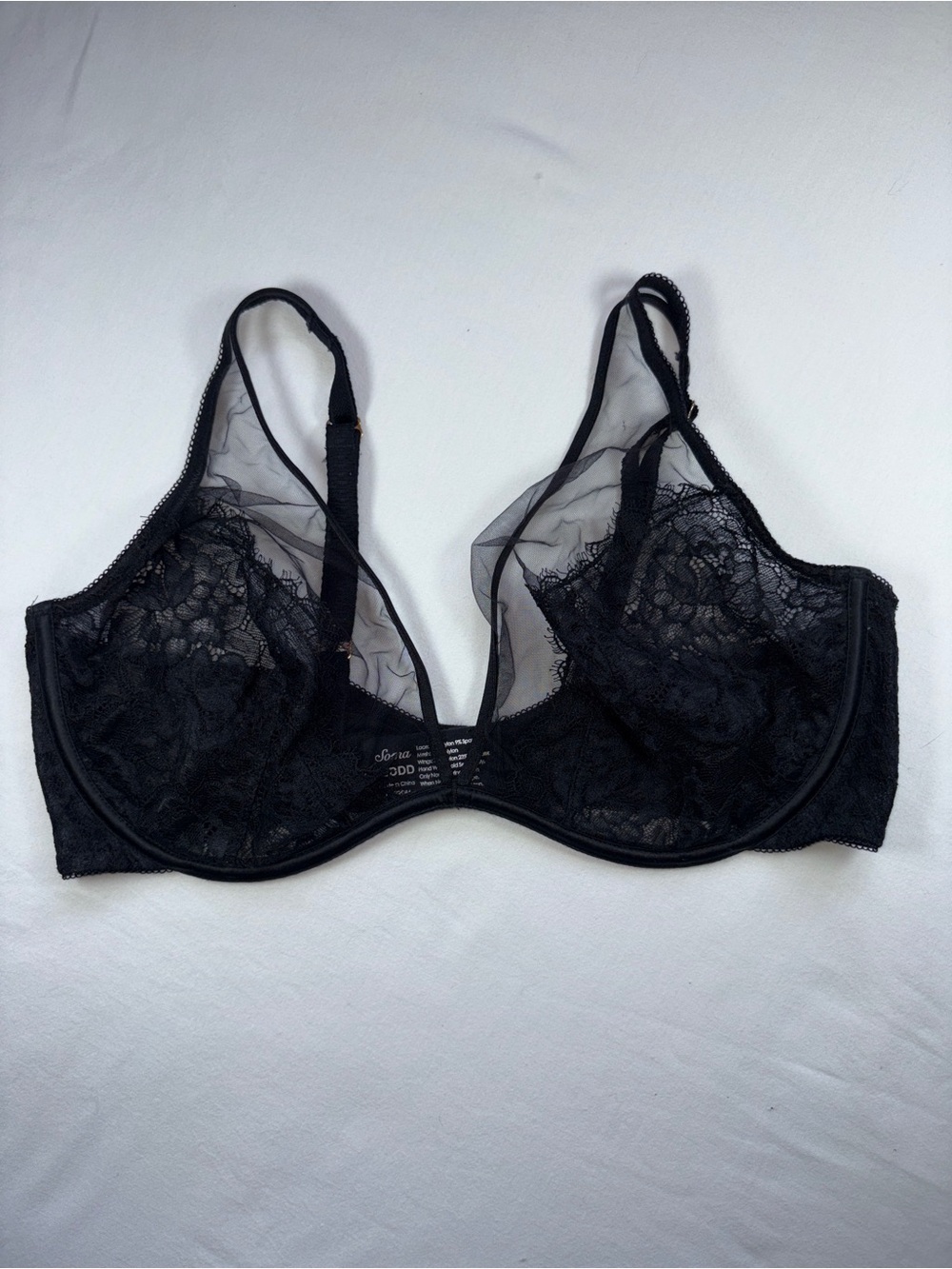 Soma Black Lace Sheer Unlined Plunge Bra 36DDD Sexy Lingerie